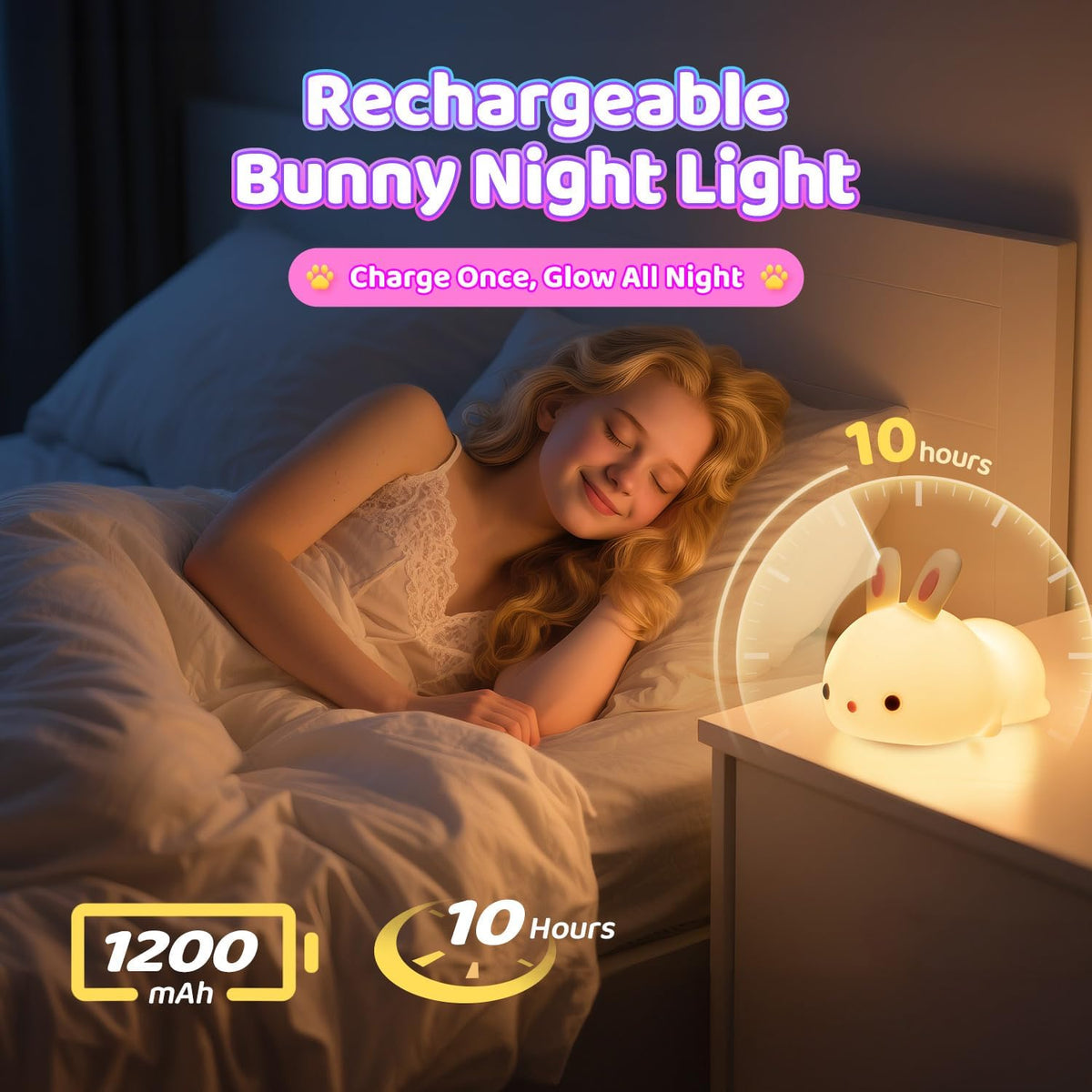 Three-panel view showing hands tapping the bunny night light and different angles of the soft silicone lamp