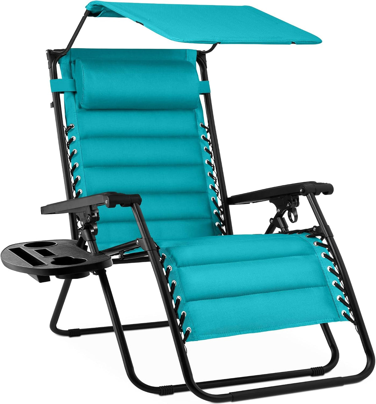 Teal padded zero-gravity recliner angled front view with adjustable sun canopy and side tray.