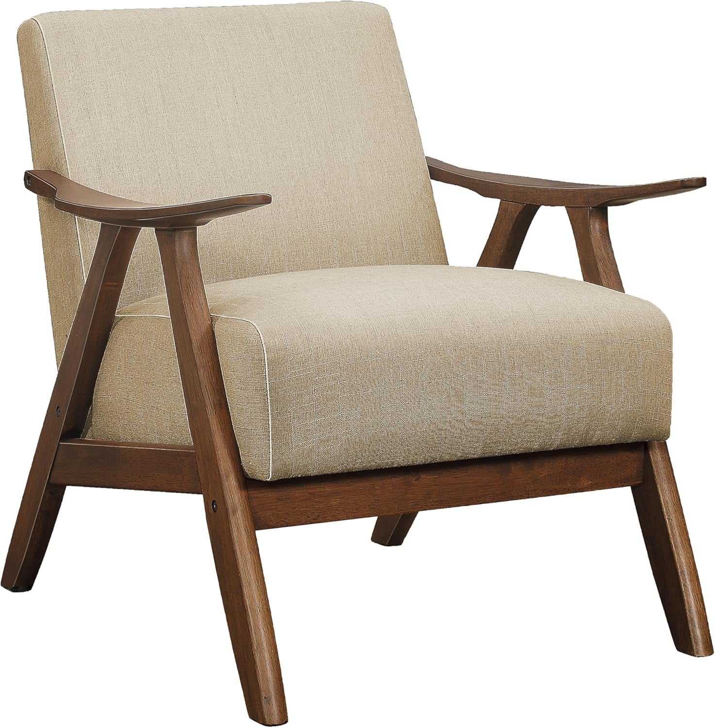 Beige linen-look accent chair with walnut wood frame angled front-left close-up