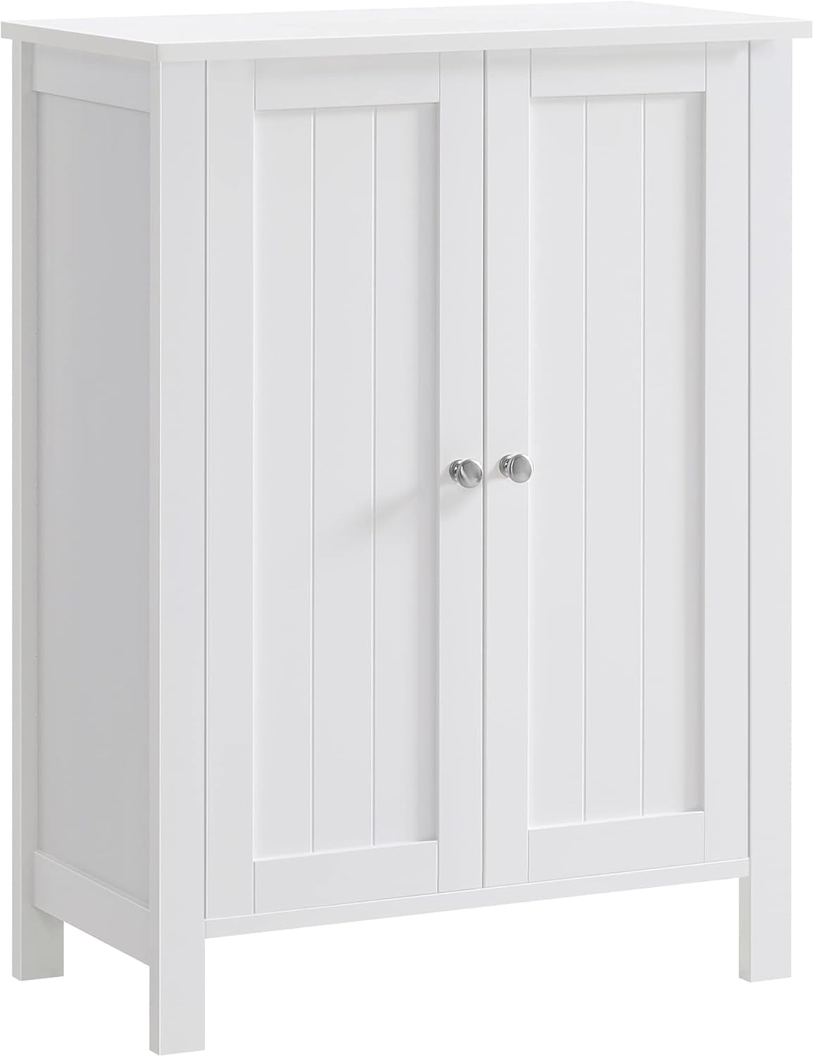 White freestanding cabinet with two paneled doors and round metal knobs, closed