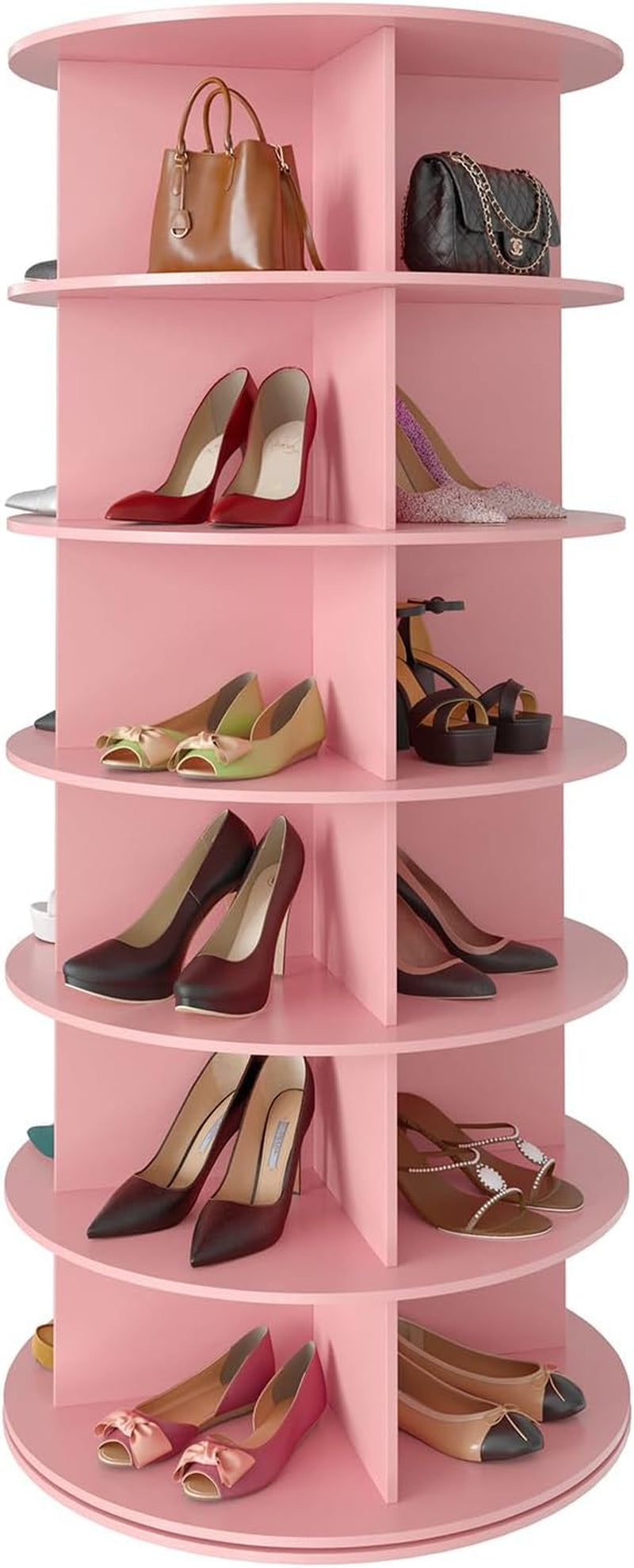Pink 7-tier rotating shoe tower shown full-height with shoes and bags arranged on shelves.
