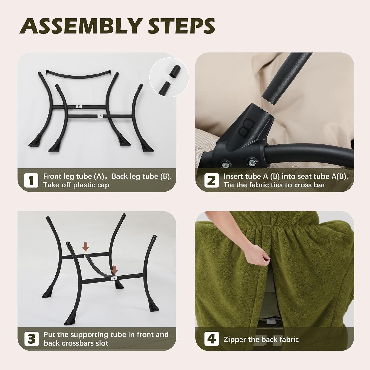 Four-step assembly photo grid showing metal leg tubes, connectors and zippering the fabric cover