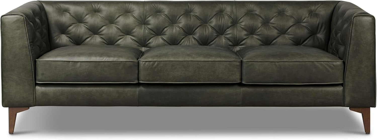 Poly & BARK Essex 89” Full-Grain Italian Leather Sofa – Tufted Back, Feather-Down Comfort, Solid Wood Frame, Olivine Green