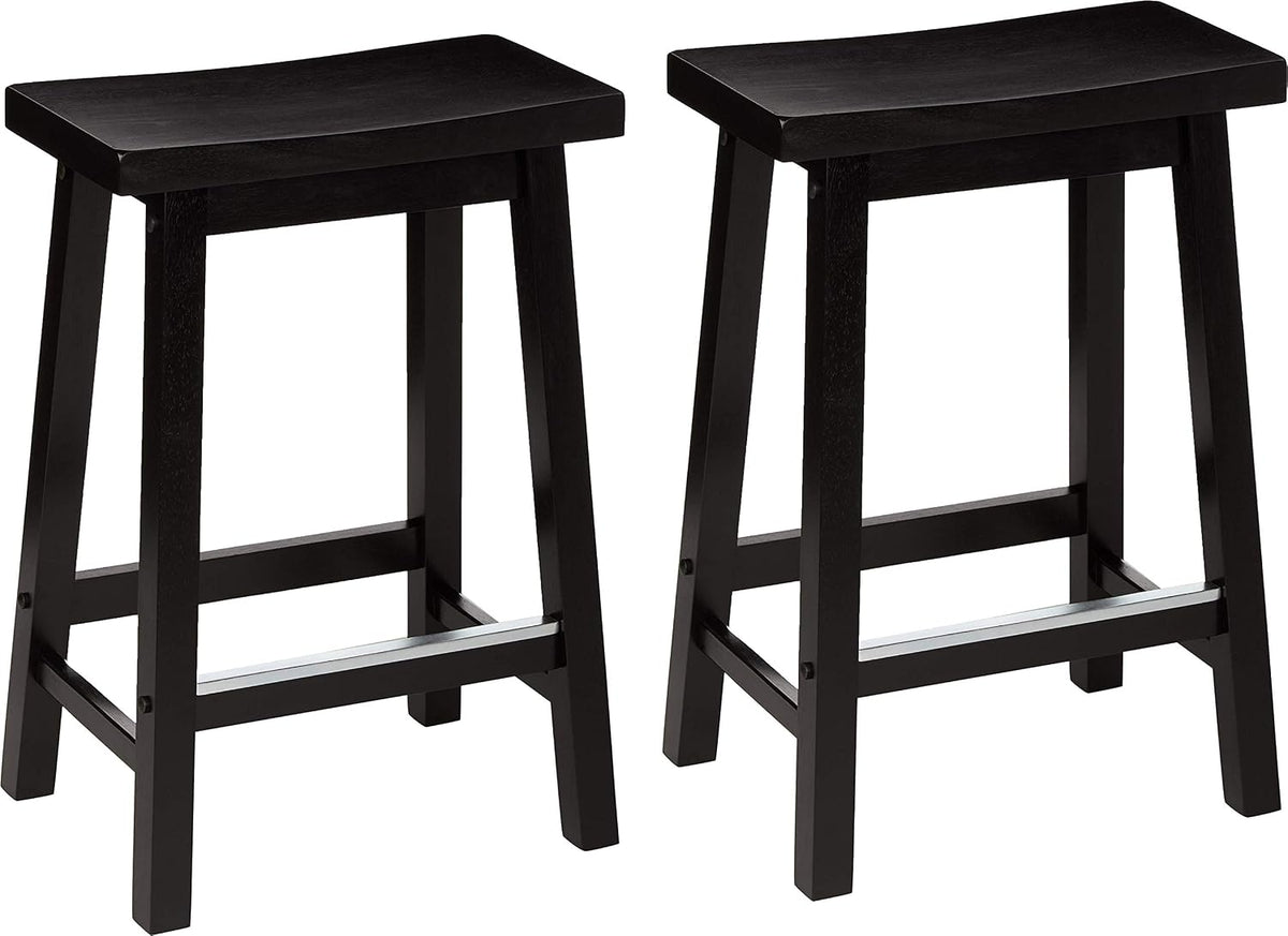Black solid wood saddle-seat counter stools set of two, angled front view on white background