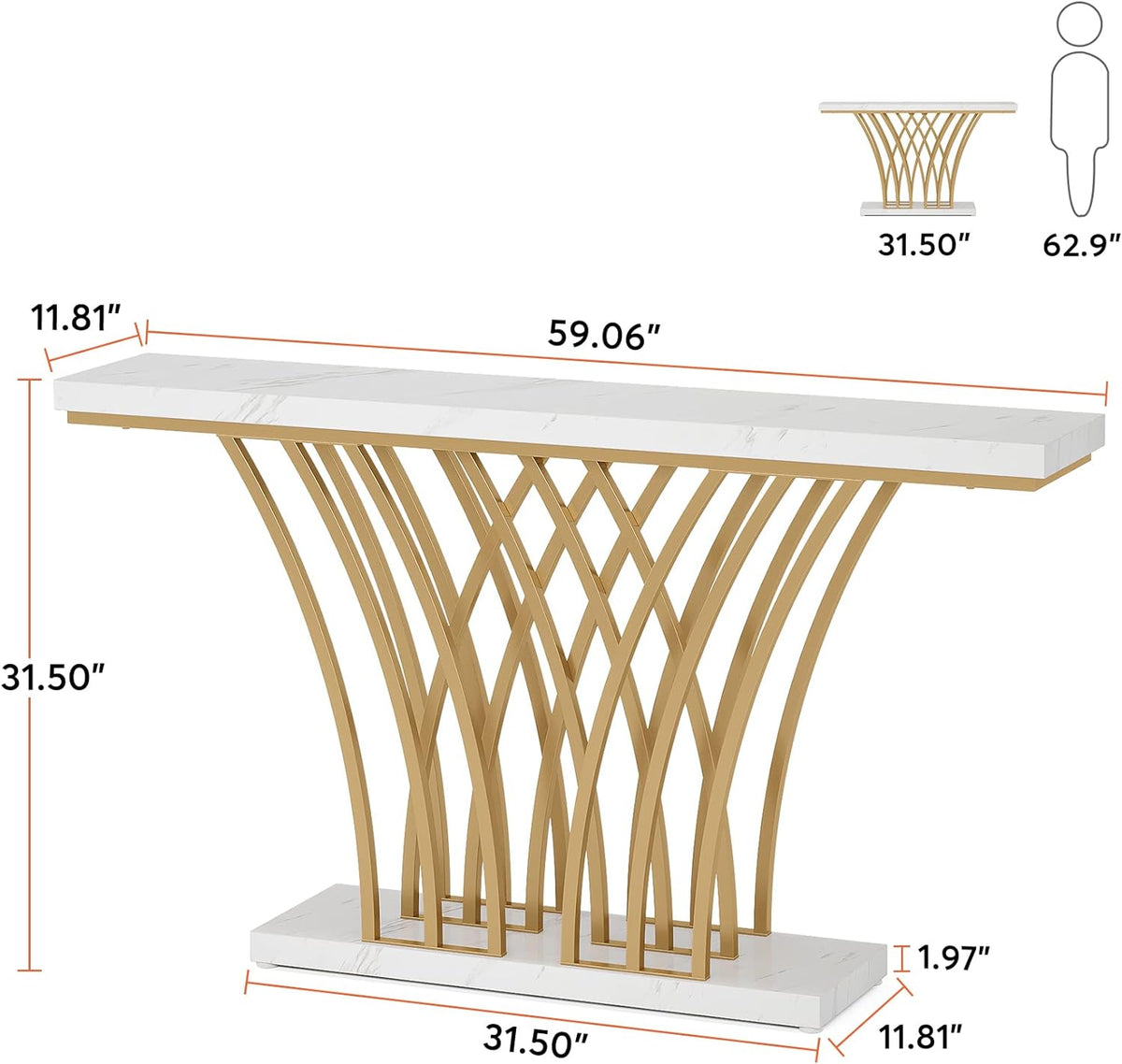 Console table dimensional diagram showing 59.06" width, 31.5" height and 11.81" depth with gold base