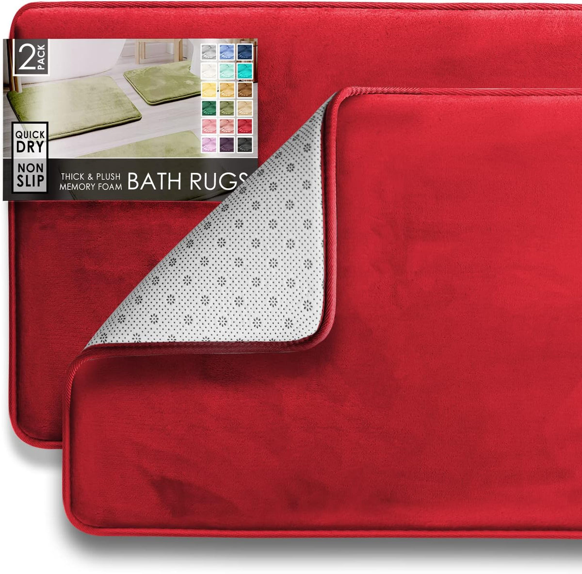 Flat lay of two stacked red rectangular mats with one corner flipped to show the white dotted non-slip underside and braided
