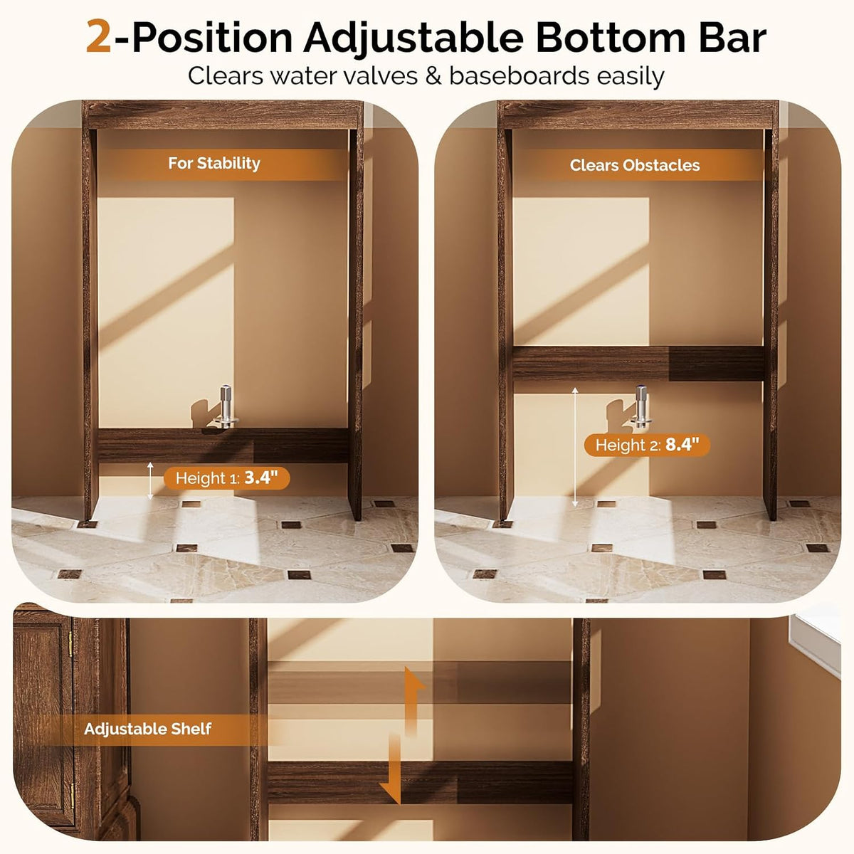 Rear/interior view illustrating the 2-position adjustable bottom bar set to 3.4" and 8.4" to clear water valves and baseboard