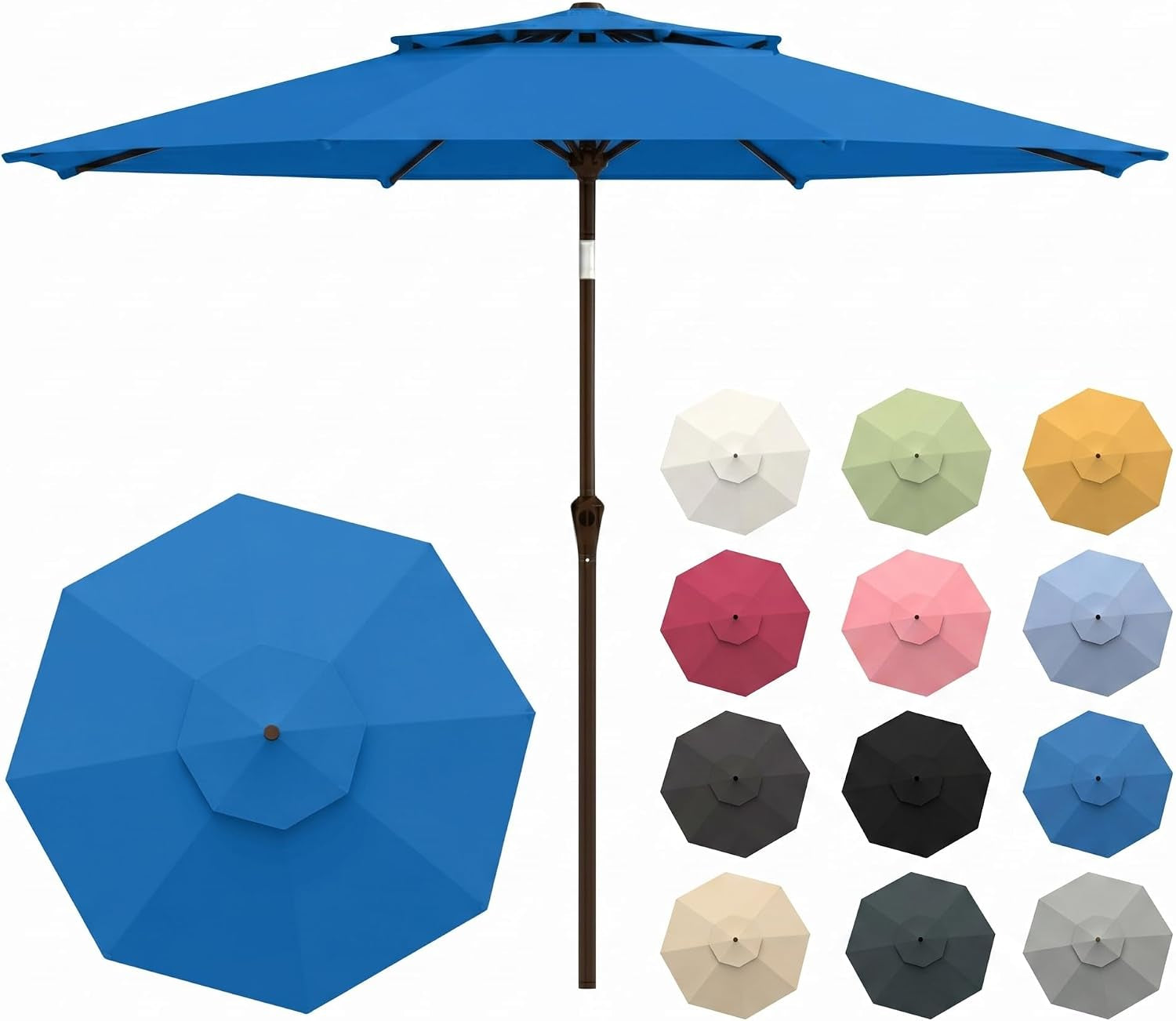 Front view of a bright blue market umbrella with matching small color option thumbnails displayed to the right.