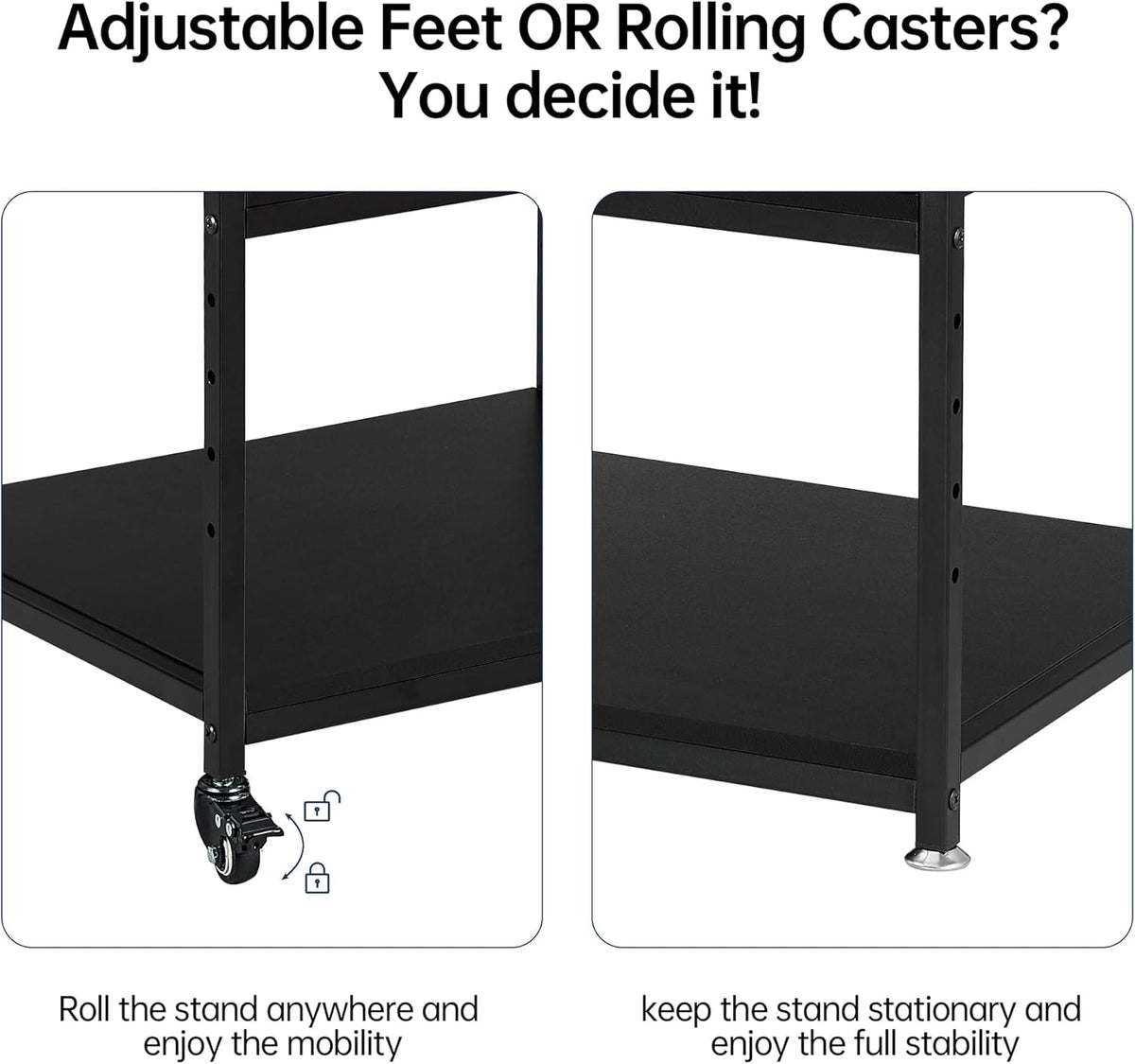 Split close-up showing the stand's removable rolling caster on one side and an adjustable metal foot on the other.