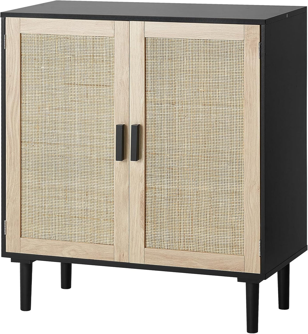 Black cabinet body with natural cane-front doors and black rectangular handles.