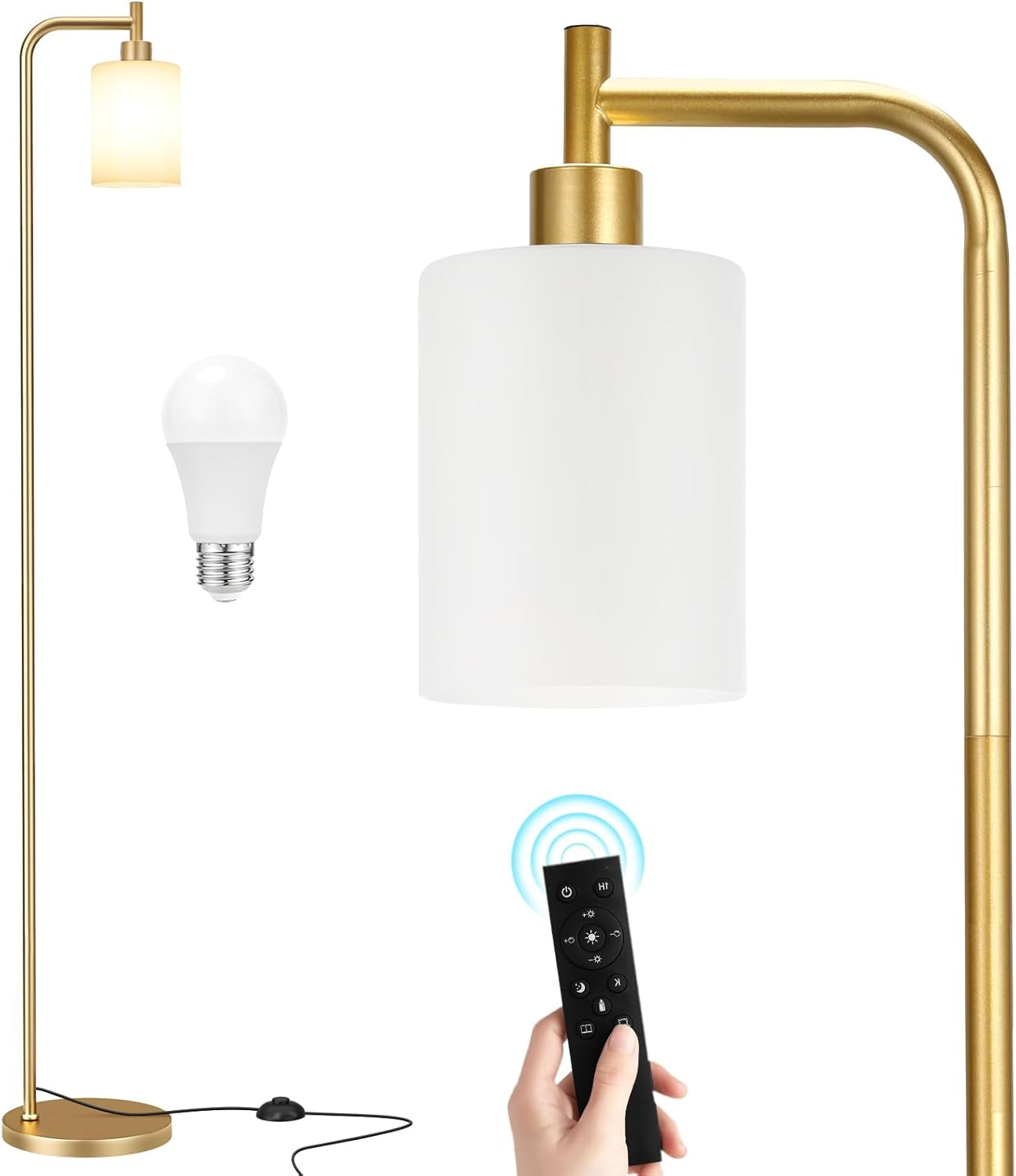 Gold floor lamp with white frosted cylindrical shade, LED bulb pictured and hand holding a black remote