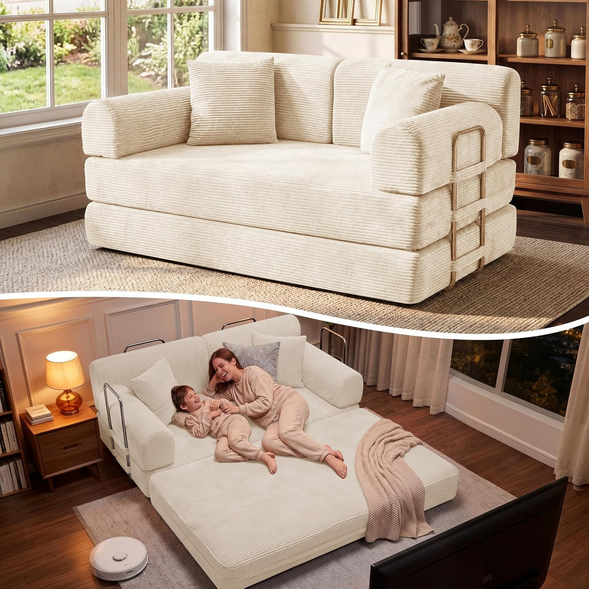 Beige convertible loveseat shown both as seating and converted futon sleeper with cushions and throw