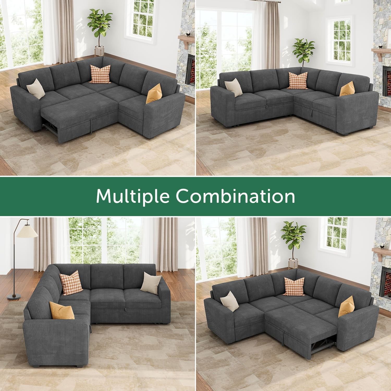 Modular Sectional Sleeper Sofa with Pull Out Bed, Corduroy L Shaped Couch with Storage Seats, Convertible Sectional Couches for Living Room, Dark Grey