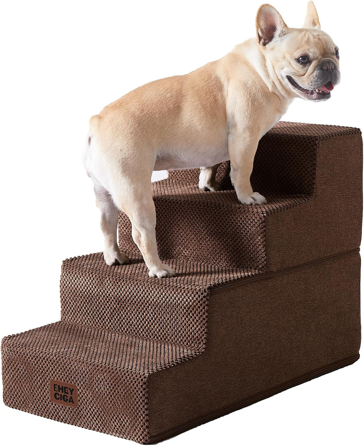Brown four-step pet stairs covered in textured fabric with a fawn French bulldog standing on the steps