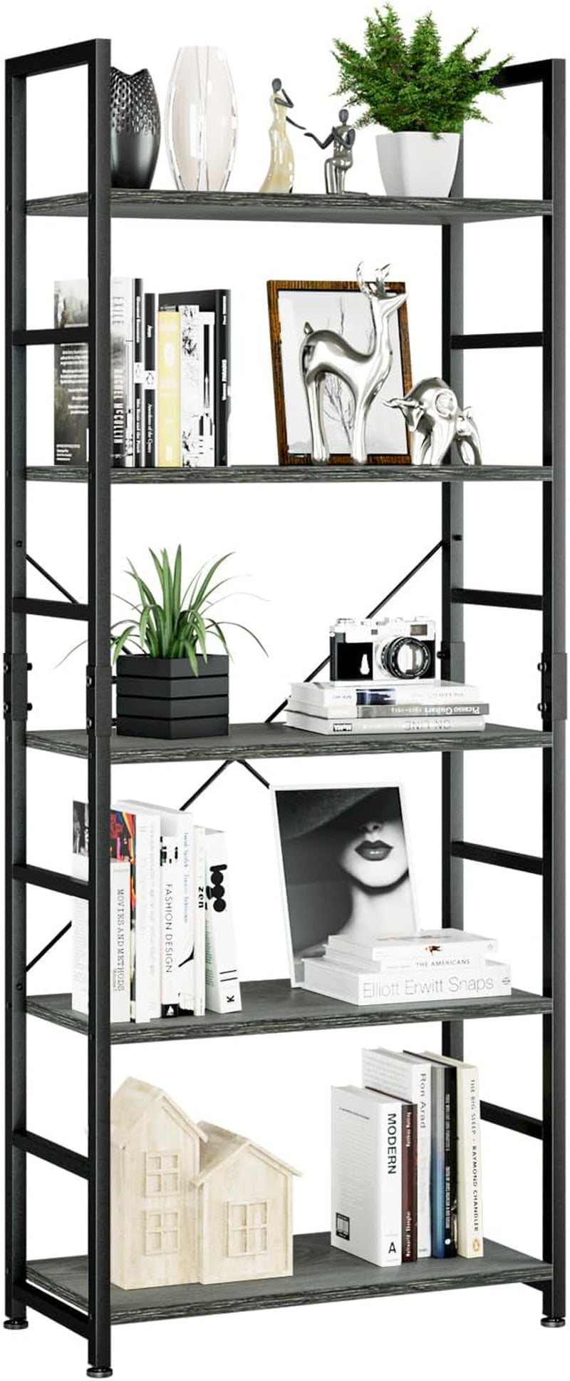 Five‑tier bookshelf with dark woodgrain shelves and black metal frame, filled with books and small decor