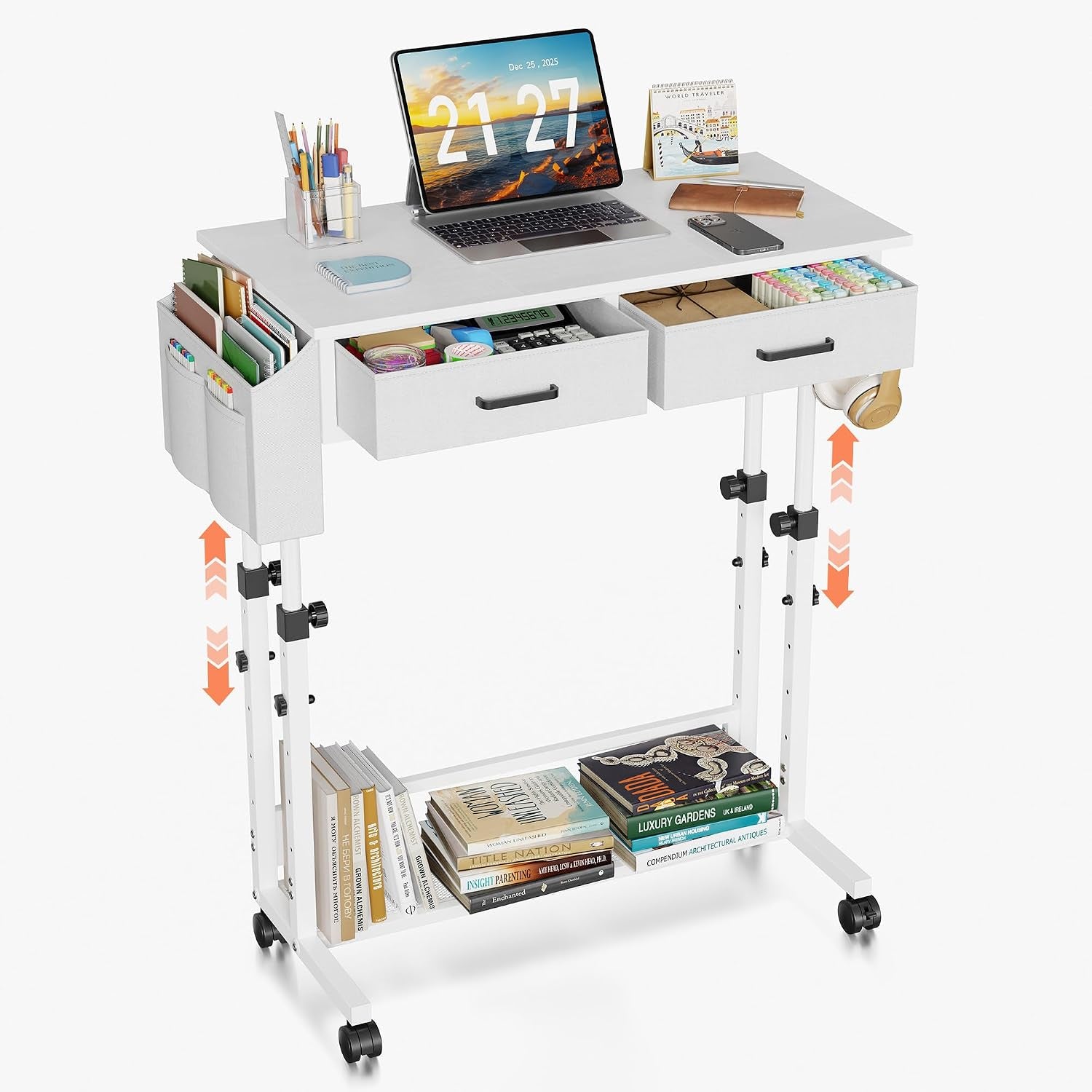 Front three-quarter view of a white height-adjustable desk with a laptop on top and a lower shelf lined with books.
