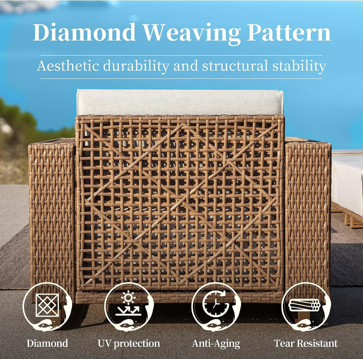 Rear close-up showing diamond-pattern woven rattan back panel and square arm profile