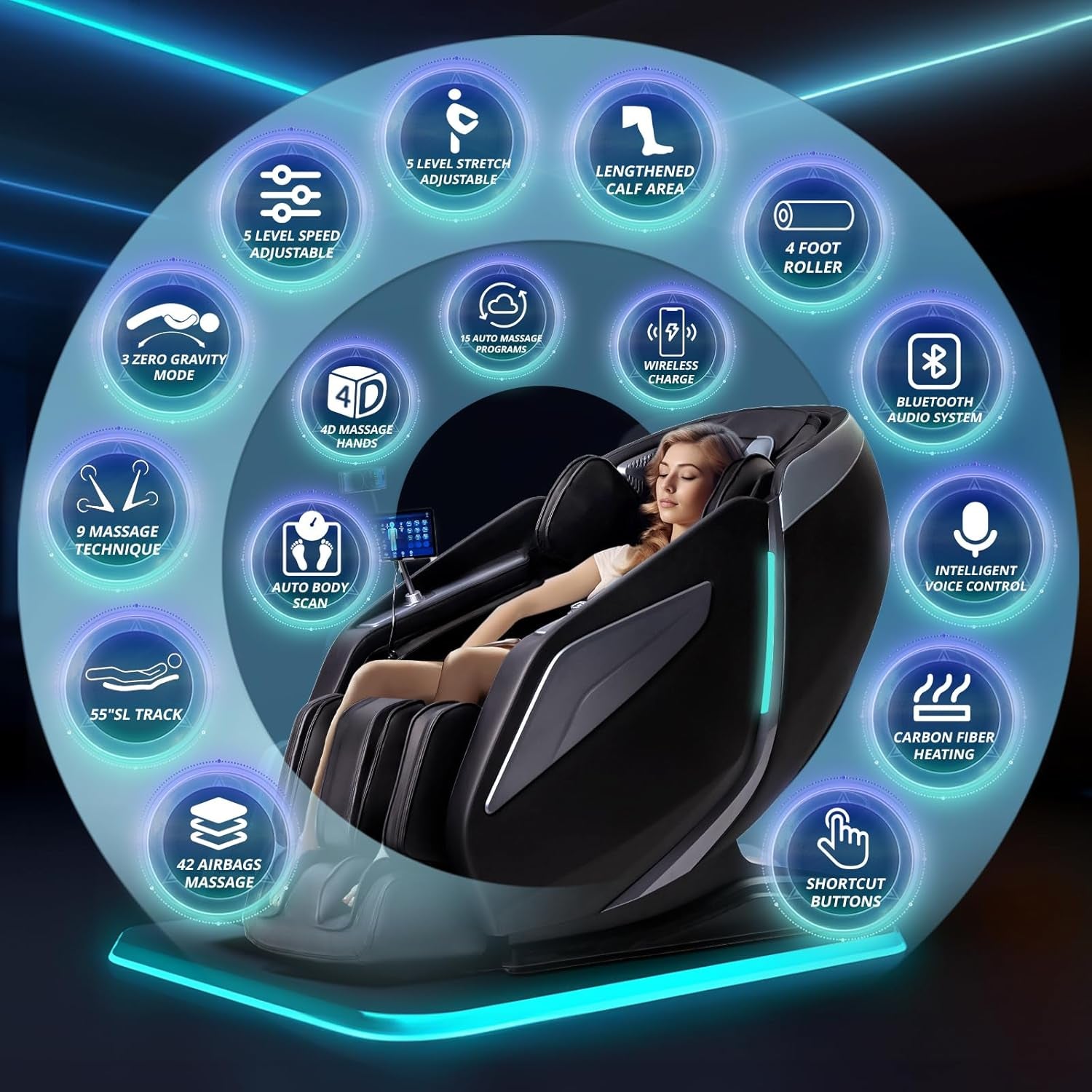 Black massage chair inside a circular feature graphic highlighting functions such as SL-track, airbags and Bluetooth
