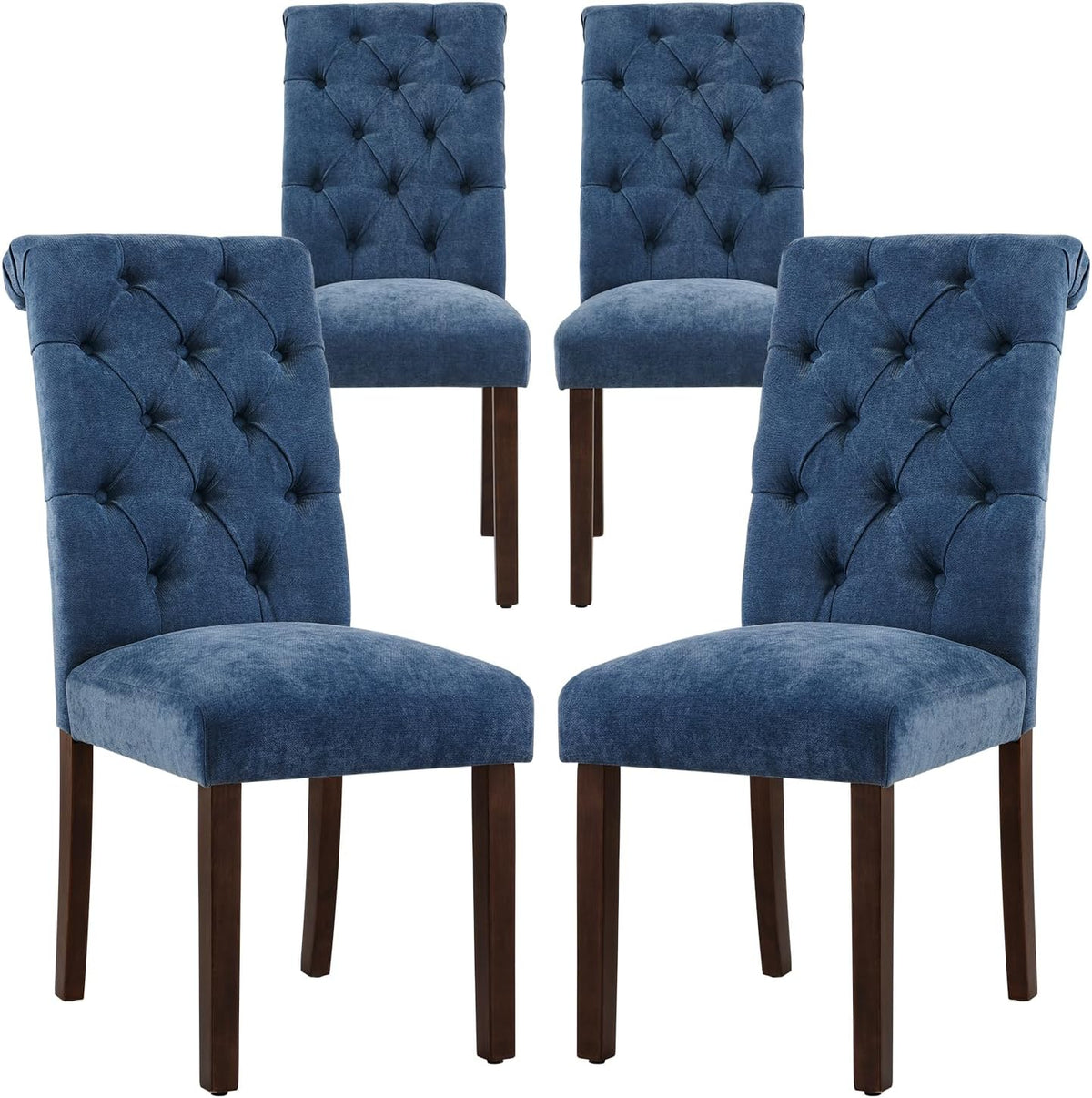 Four blue tufted dining chairs arranged in a staggered studio layout to display front and rear views