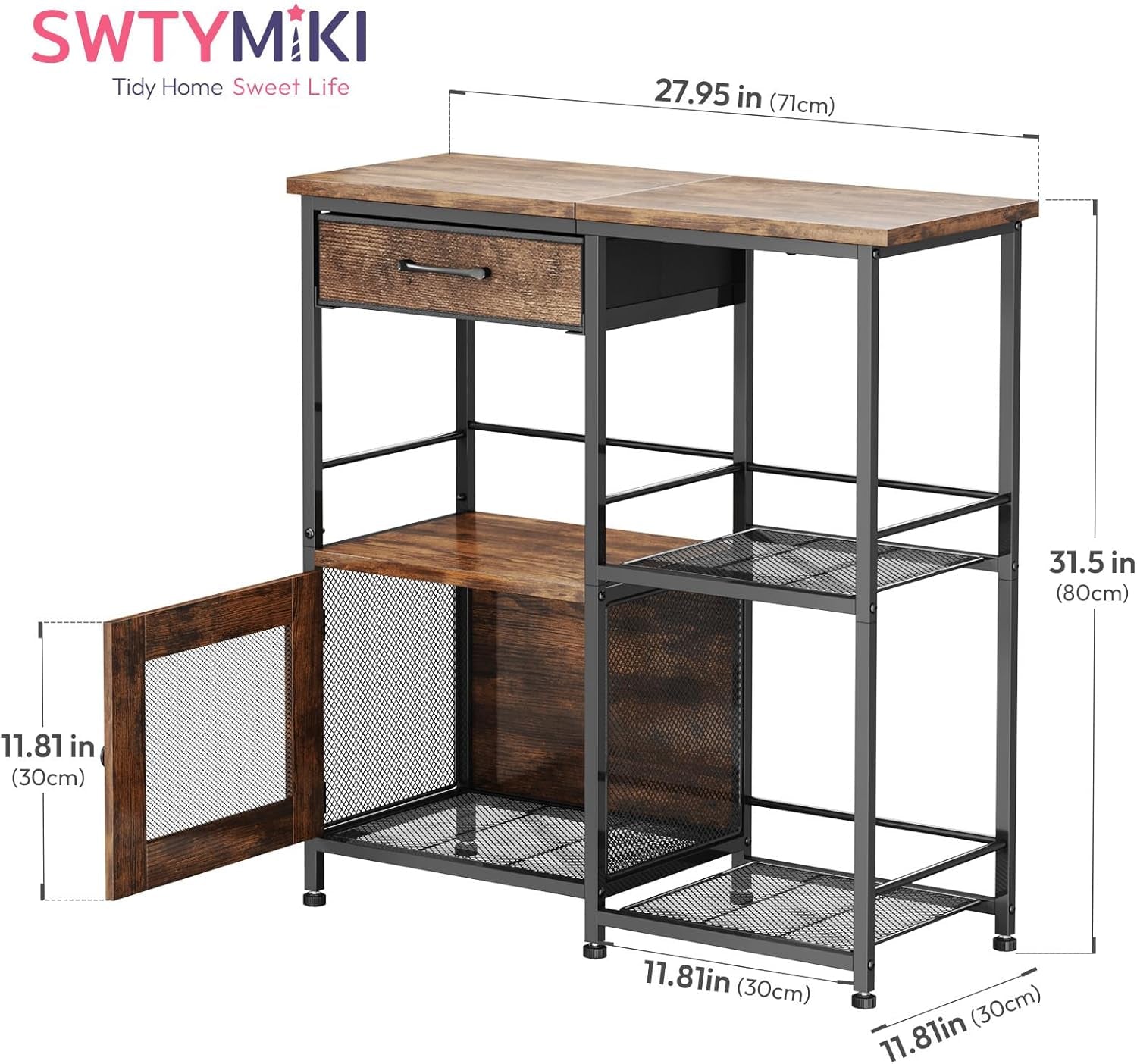 Studio rendering of the buffet showing open door and measured width and height callouts