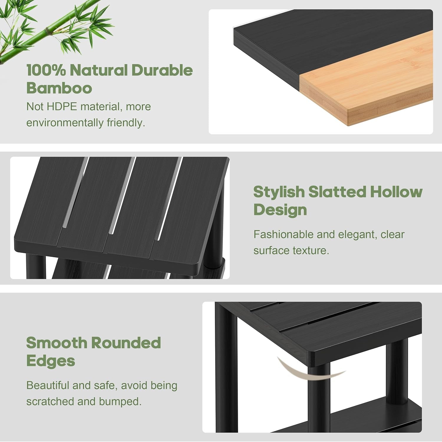 Close-up detail of slatted hollow-style bamboo tabletop and smooth rounded edge of the side table