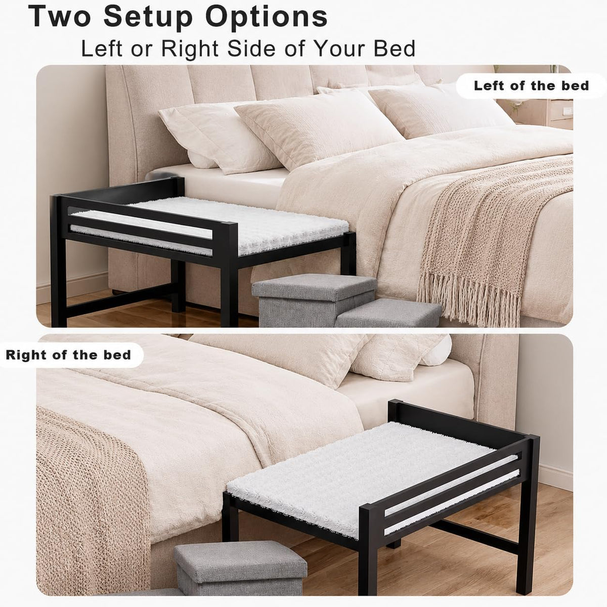 Two setup views showing the pet bed placed on either the left or right side of a human bed with gray steps nearby.