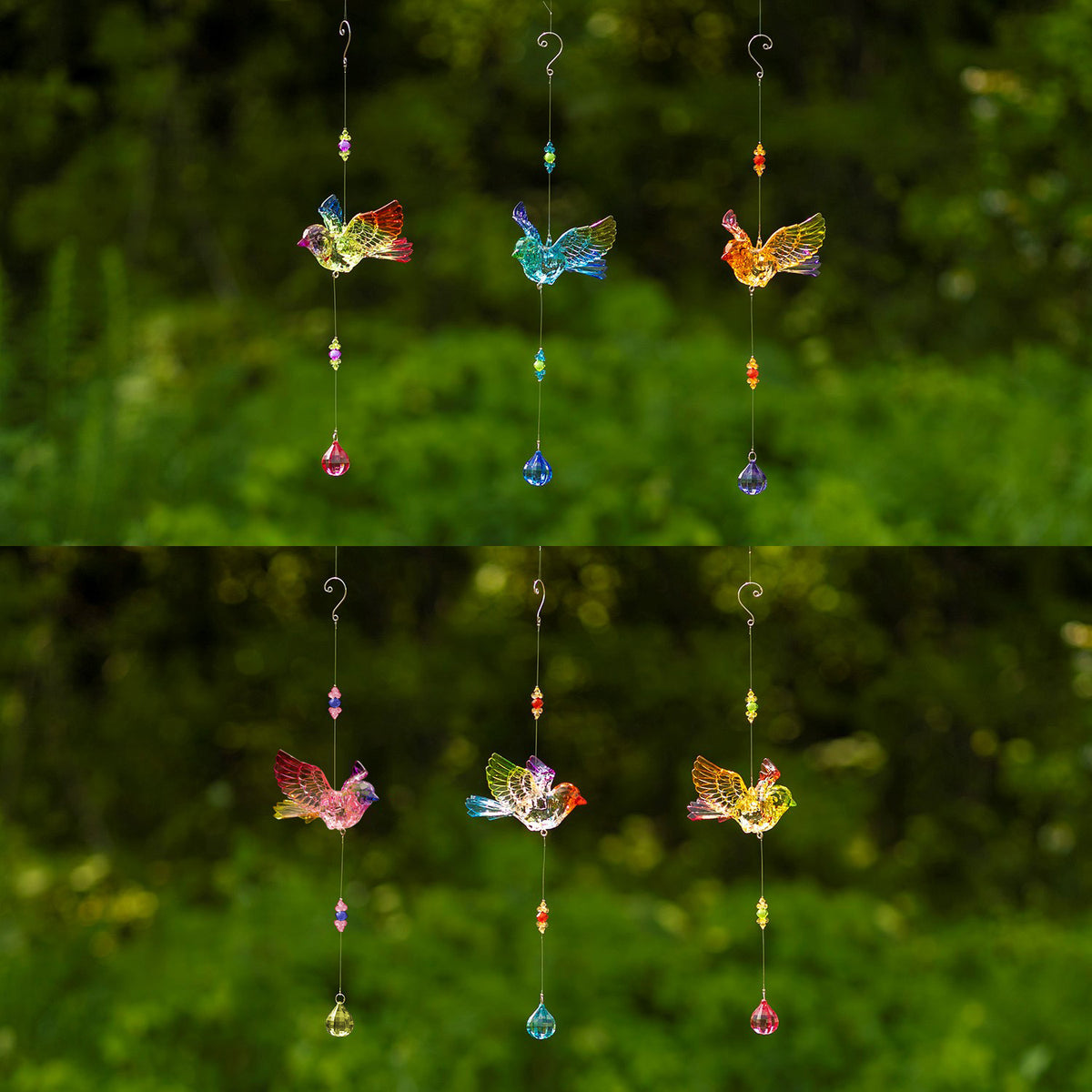 Six colorful bird ornaments hang in two rows, each with a beaded strand and a balloon-shaped drop.
