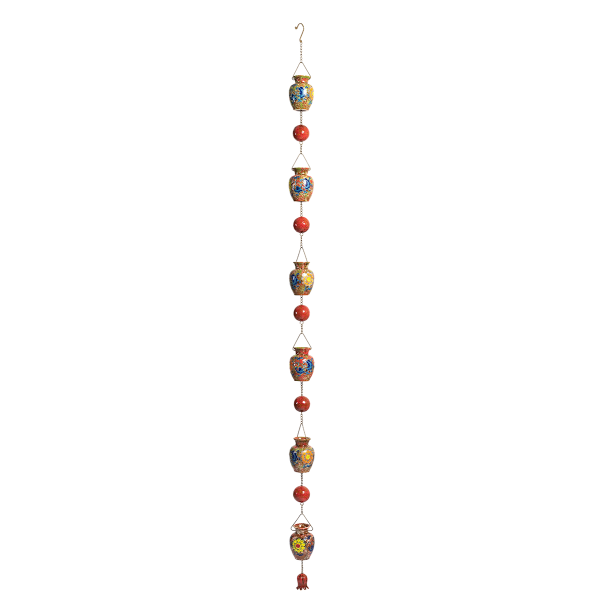 A long hanging chain of colorful patterned porcelain vases and red beads against a black background.