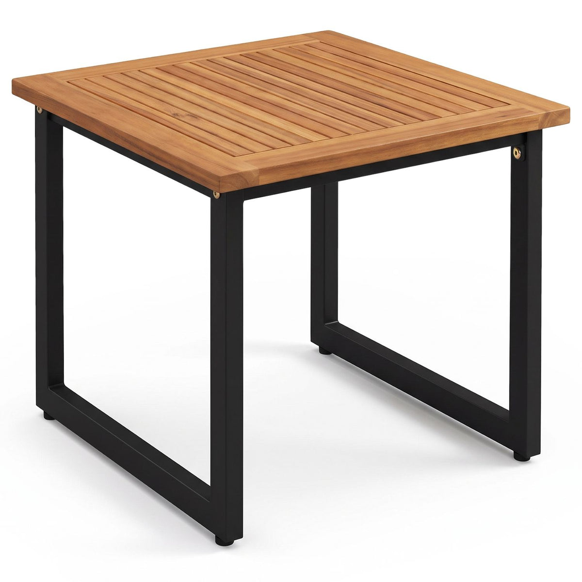 Square side table with a slatted wood top and black rectangular metal legs against a white background.