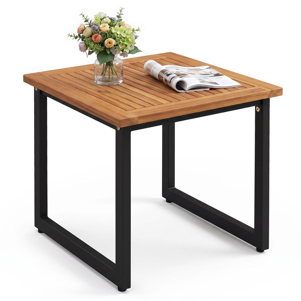 Slatted wood-top side table styled with a flower vase and an open magazine on a white background.