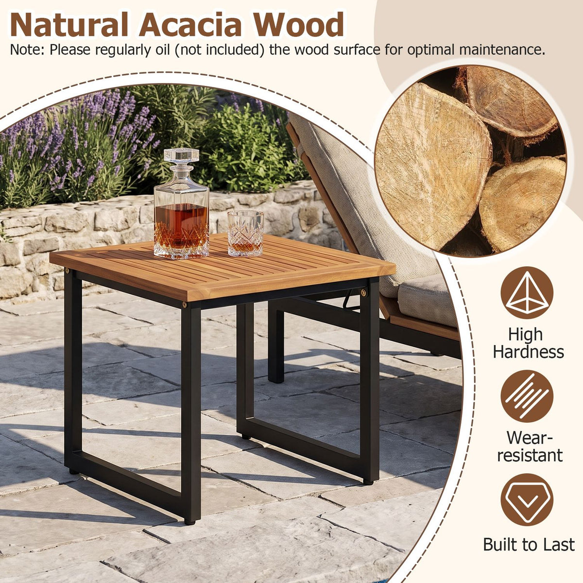 Slatted side table outdoors, with a circular inset showing cut wood ends.