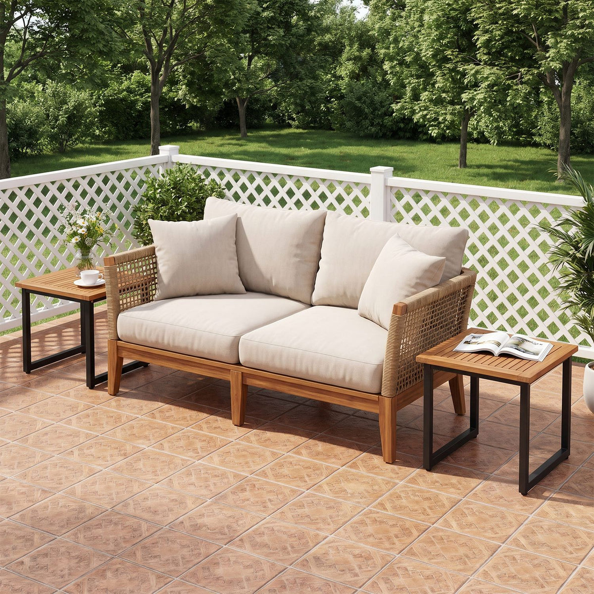 Slatted wood side table beside a cushioned outdoor sofa on a tiled patio.