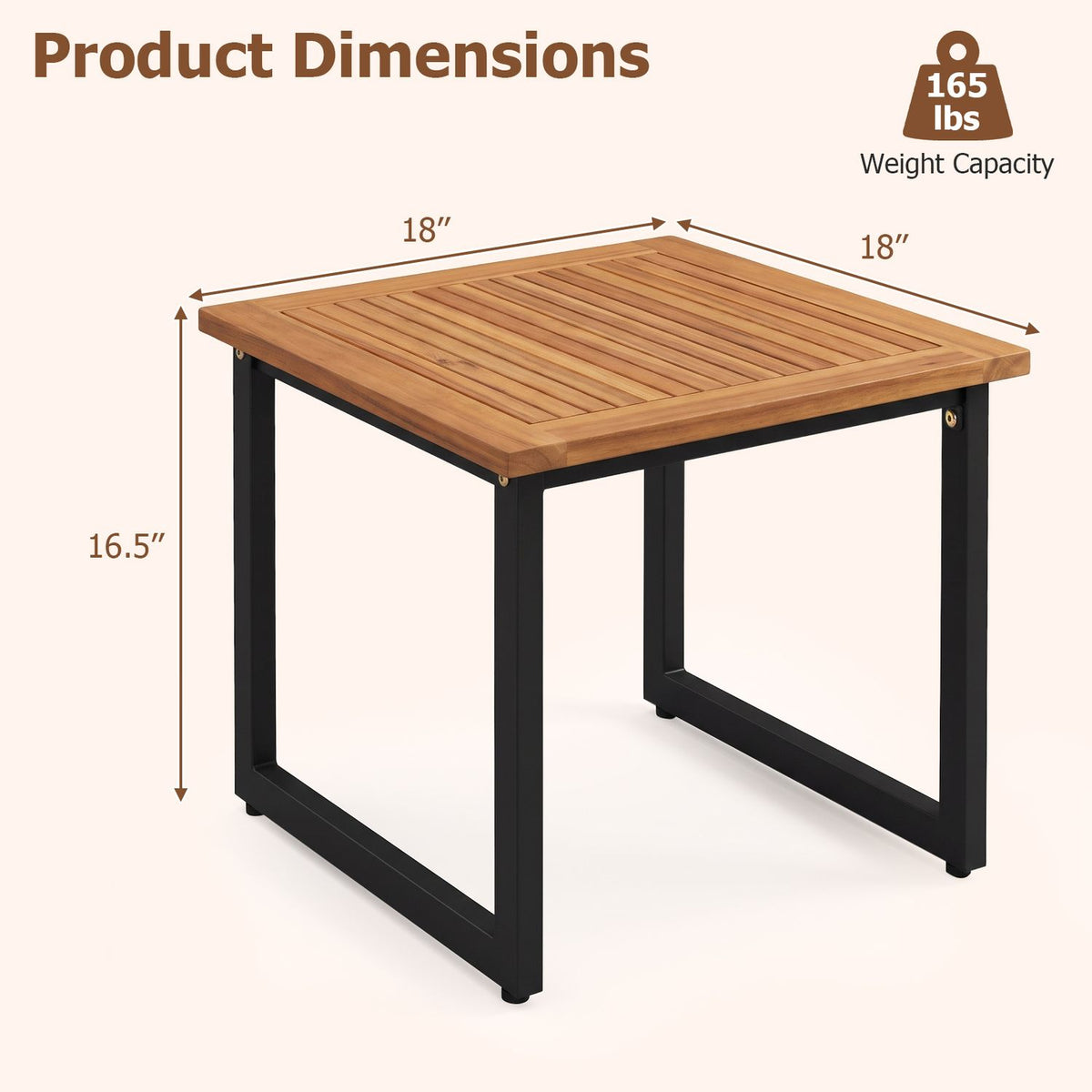 Slatted wood patio table shown at an angle with measurement arrows and a weight badge.