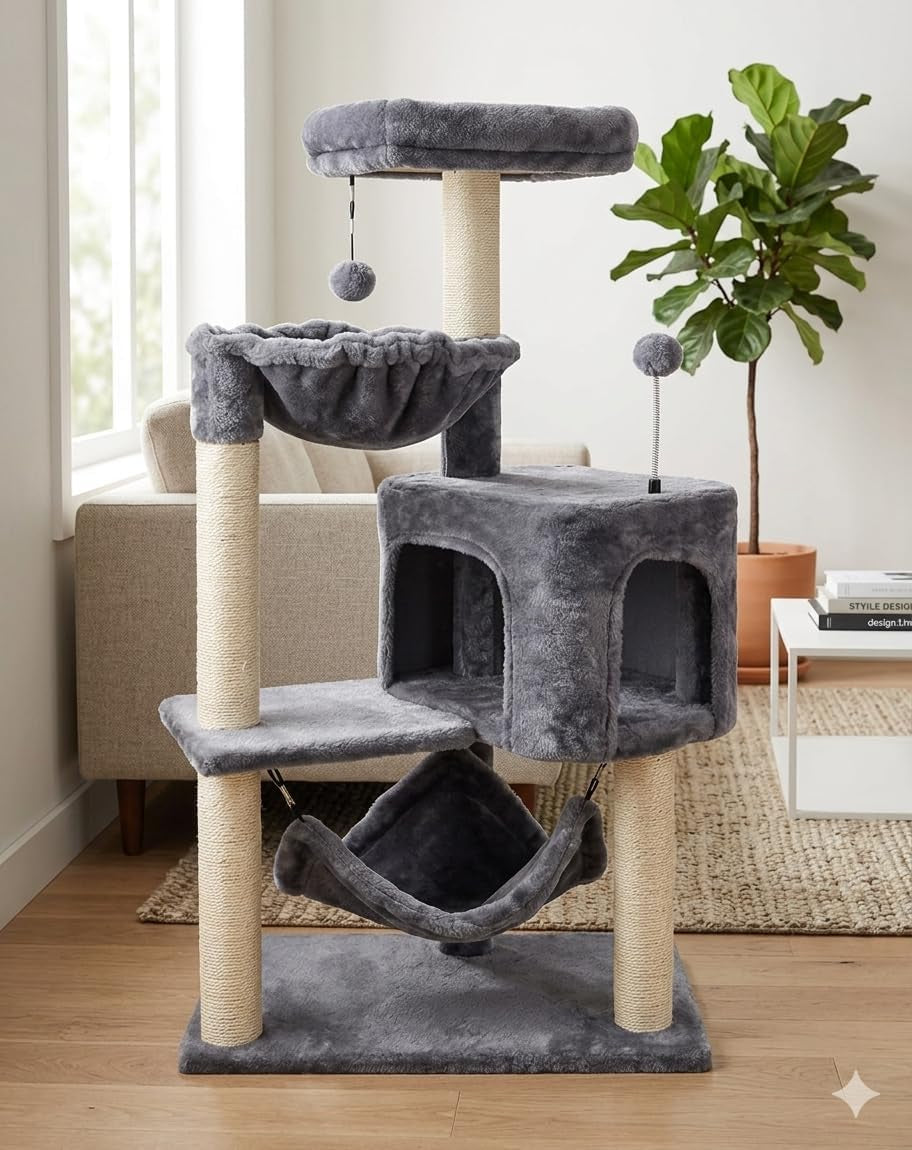 YUNIQUE Cat Tree with Cat Condo and Big Hammock, Grey, gallery view 8