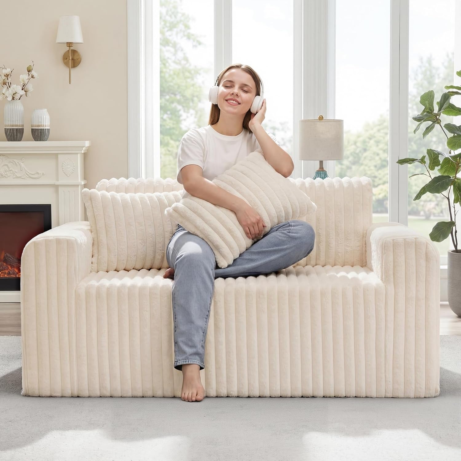 Cream ribbed floor sofa in a bright room with a woman sitting cross‑legged hugging a matching cushion.