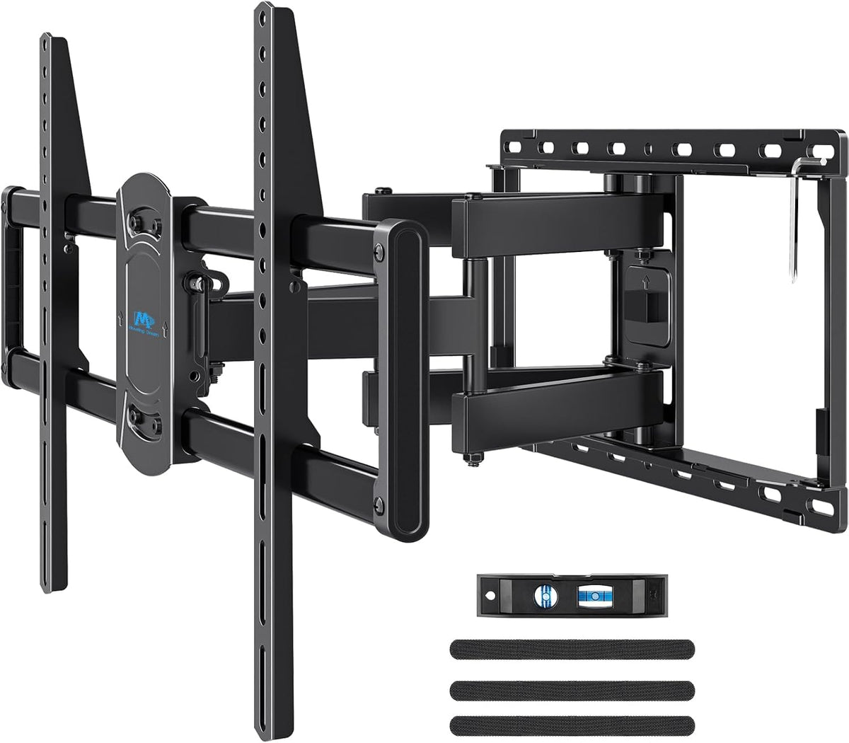 Angled close-up of the black articulating TV mount arms with a small bubble level and four adhesive cable straps shown below.