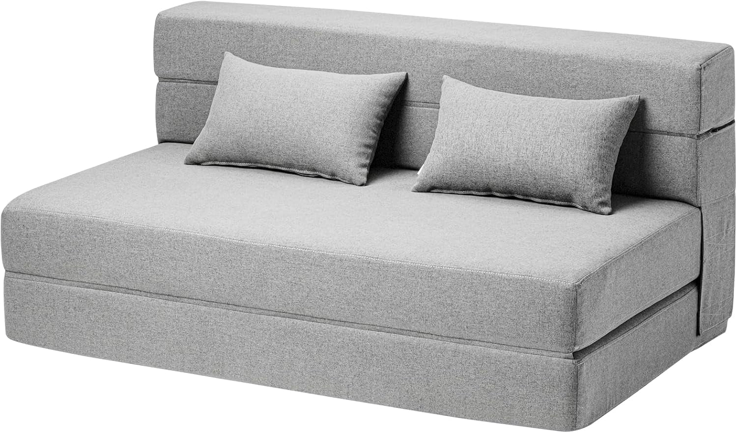 Front three-quarter view of a light-gray folding twin sofa bed with two lumbar pillows