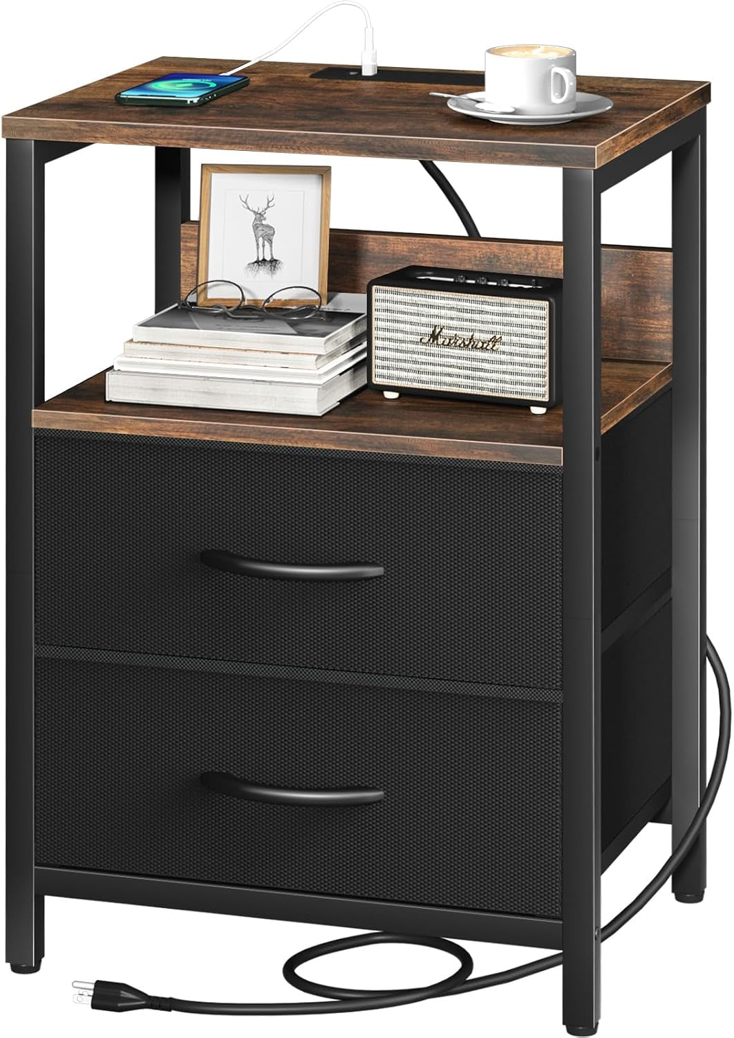 Dark wood top nightstand with black frame and two black drawers, charging port and cord shown