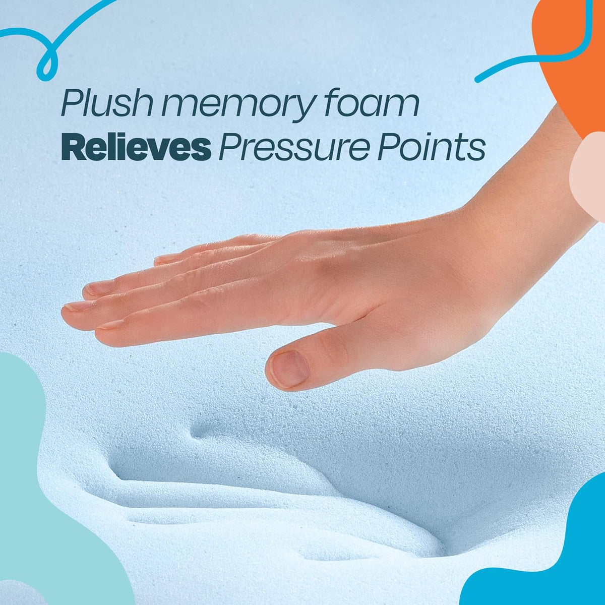 Close-up of a hand pressing light-blue memory foam showing a pressure indent and texture.
