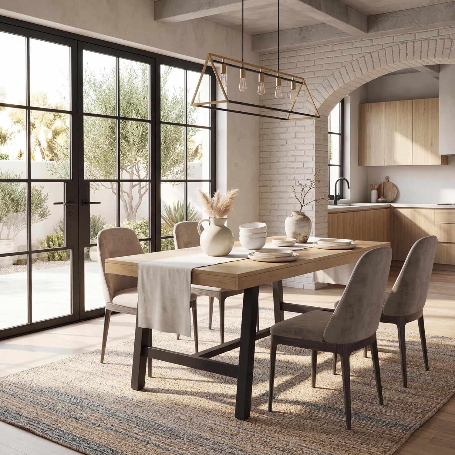 Dining table with pale wood top and dark metal legs in sunlit room with large grid windows and four chairs