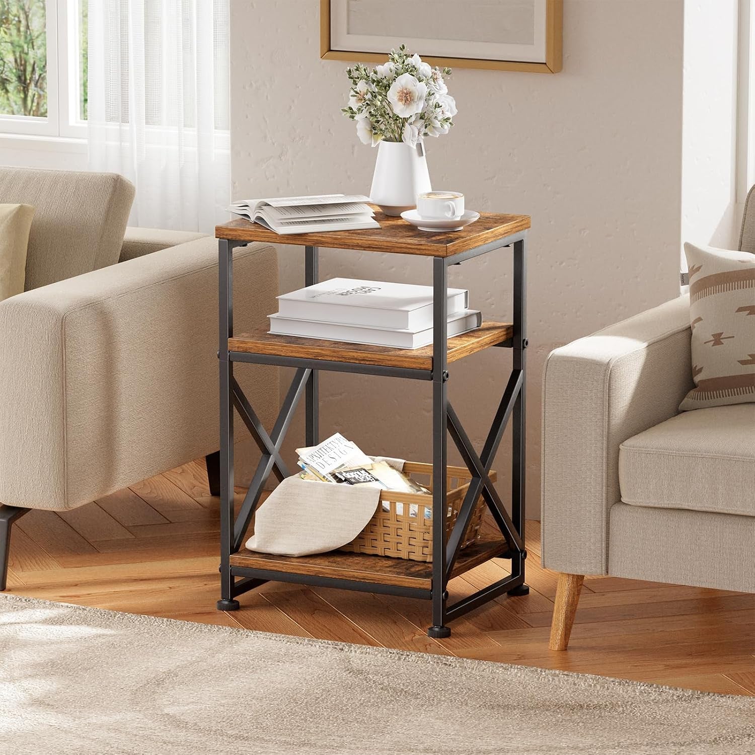 Side table placed between sofas in a living room setting showing top and middle shelves with decor