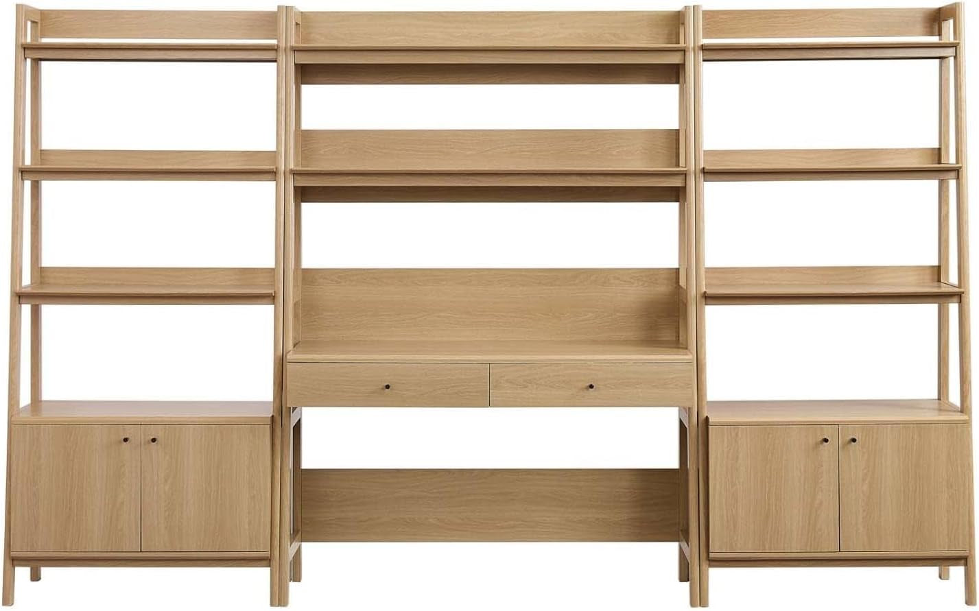 Oak finish 3-piece office set, straight front view showing the desk, two bookshelves and lower cabinet storage