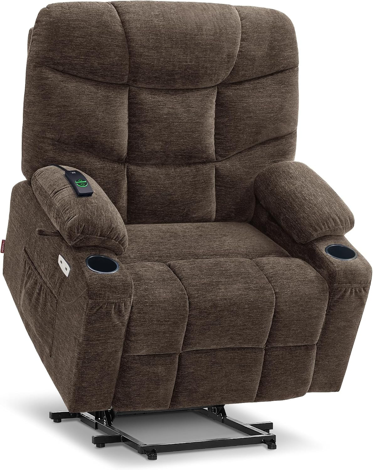 Brown fabric lift recliner front view with folded seat stitching visible and remote resting on the left arm.