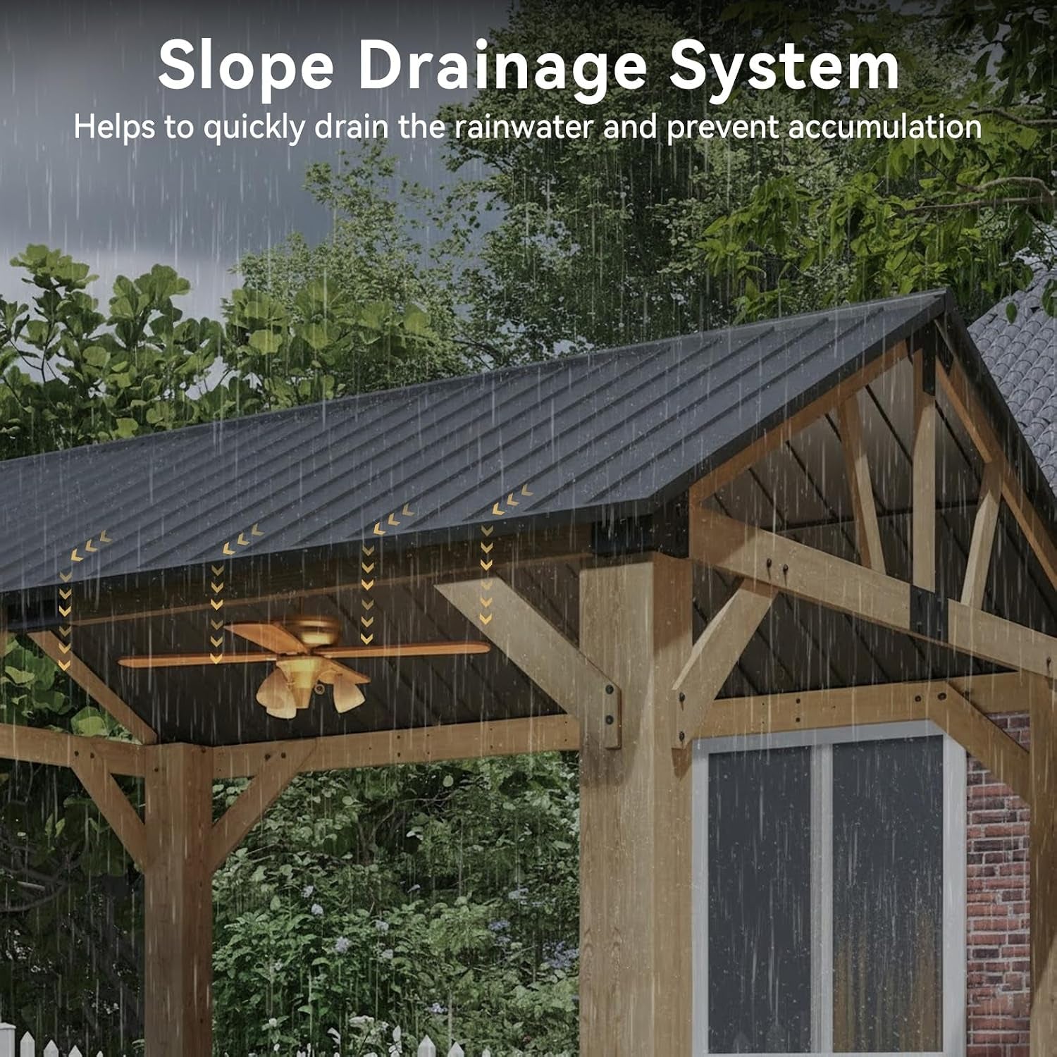 Black galvanized gable roof eave with sloped drainage detail and ceiling fan visible under rain