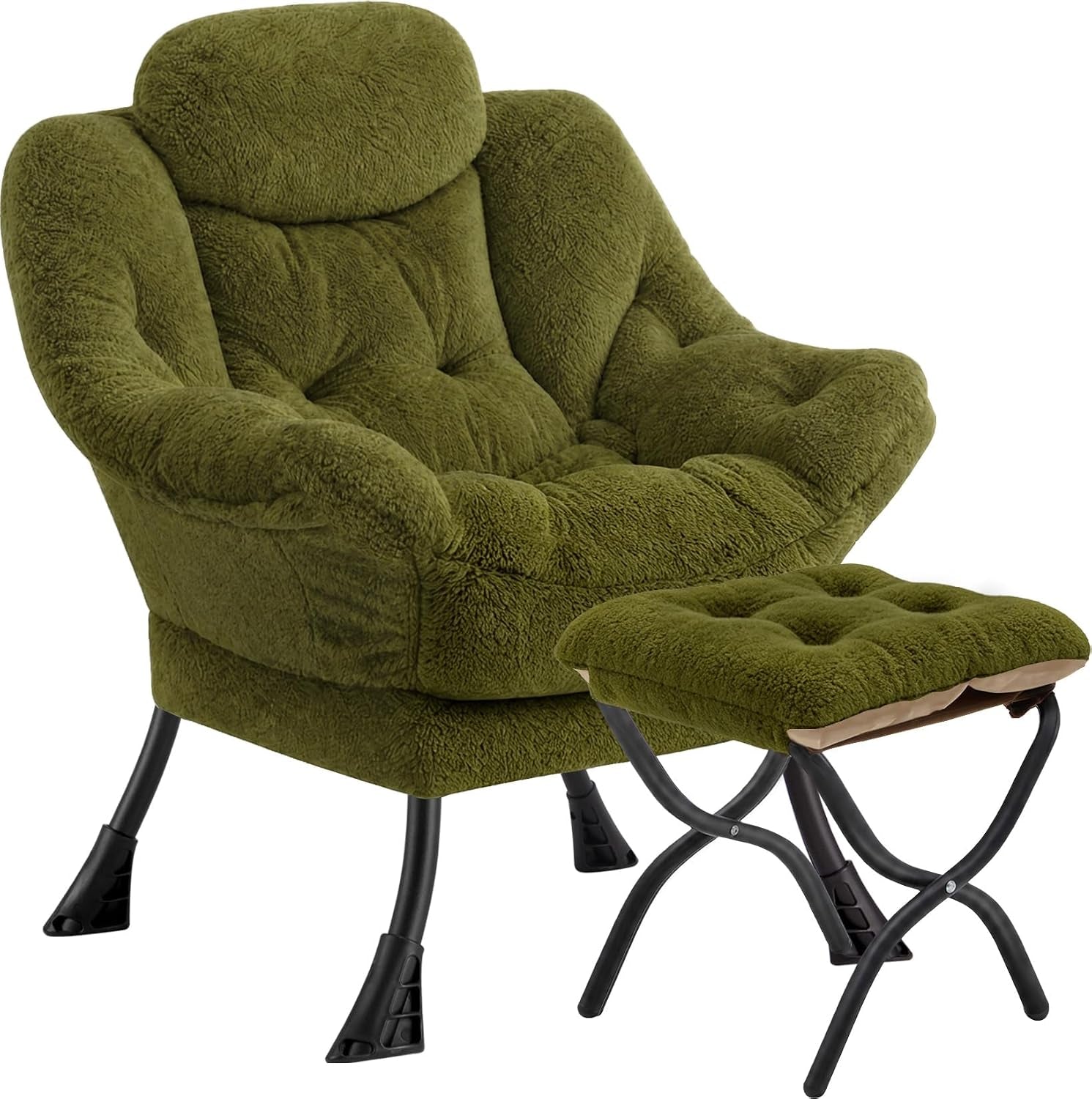 Front three-quarter view of a plush olive-green armchair with a matching tufted ottoman on a white background.