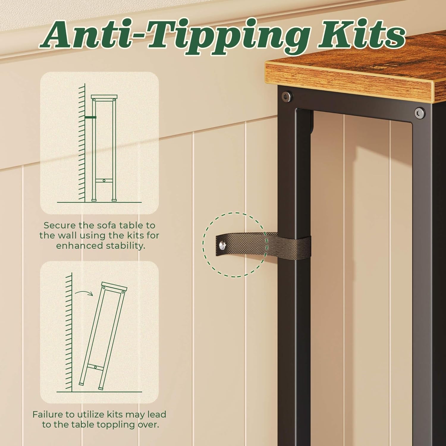 Close view of the table leg with a fabric anti-tipping strap attached and installation diagrams at left.
