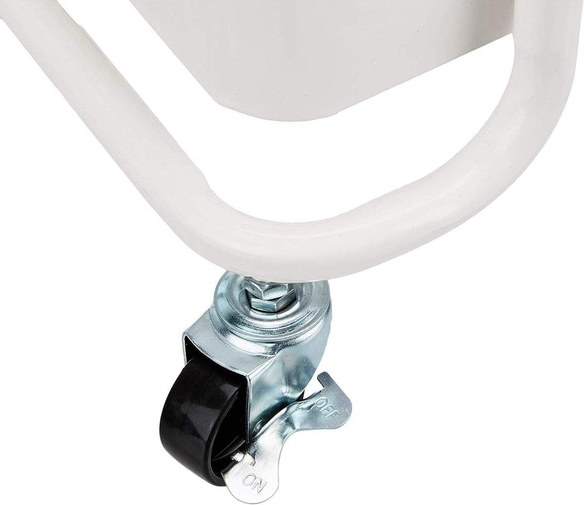 Swivel caster wheel with metal bracket and foot-operated lock attached to white tubular base