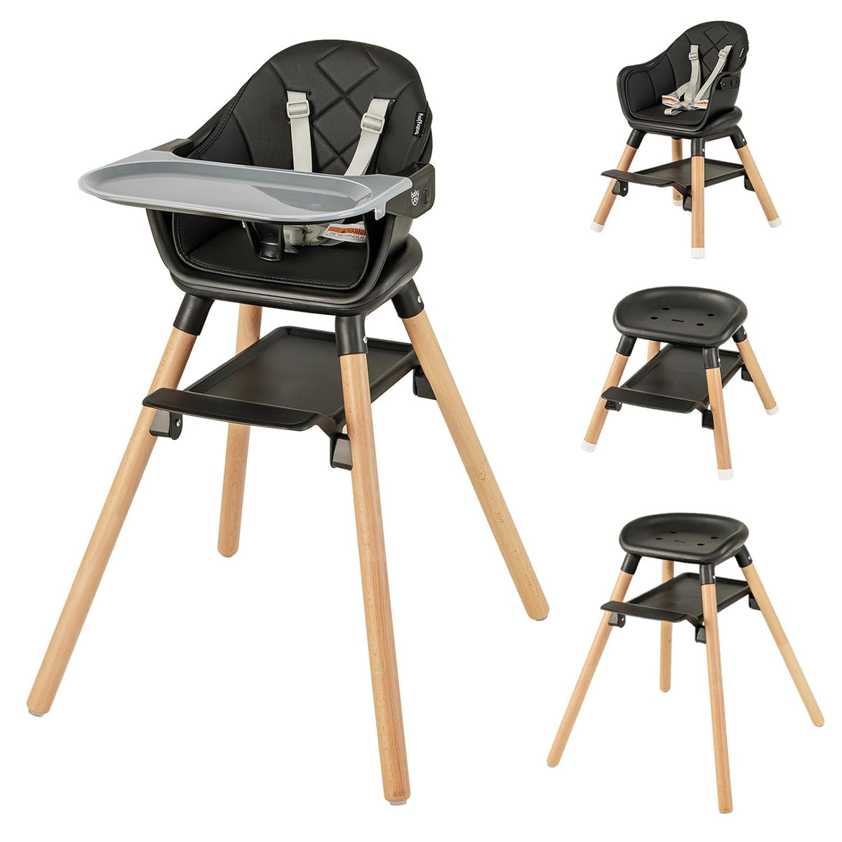 Three-quarter view of a black padded convertible high chair with beech wood legs and gray tray, plus alternate