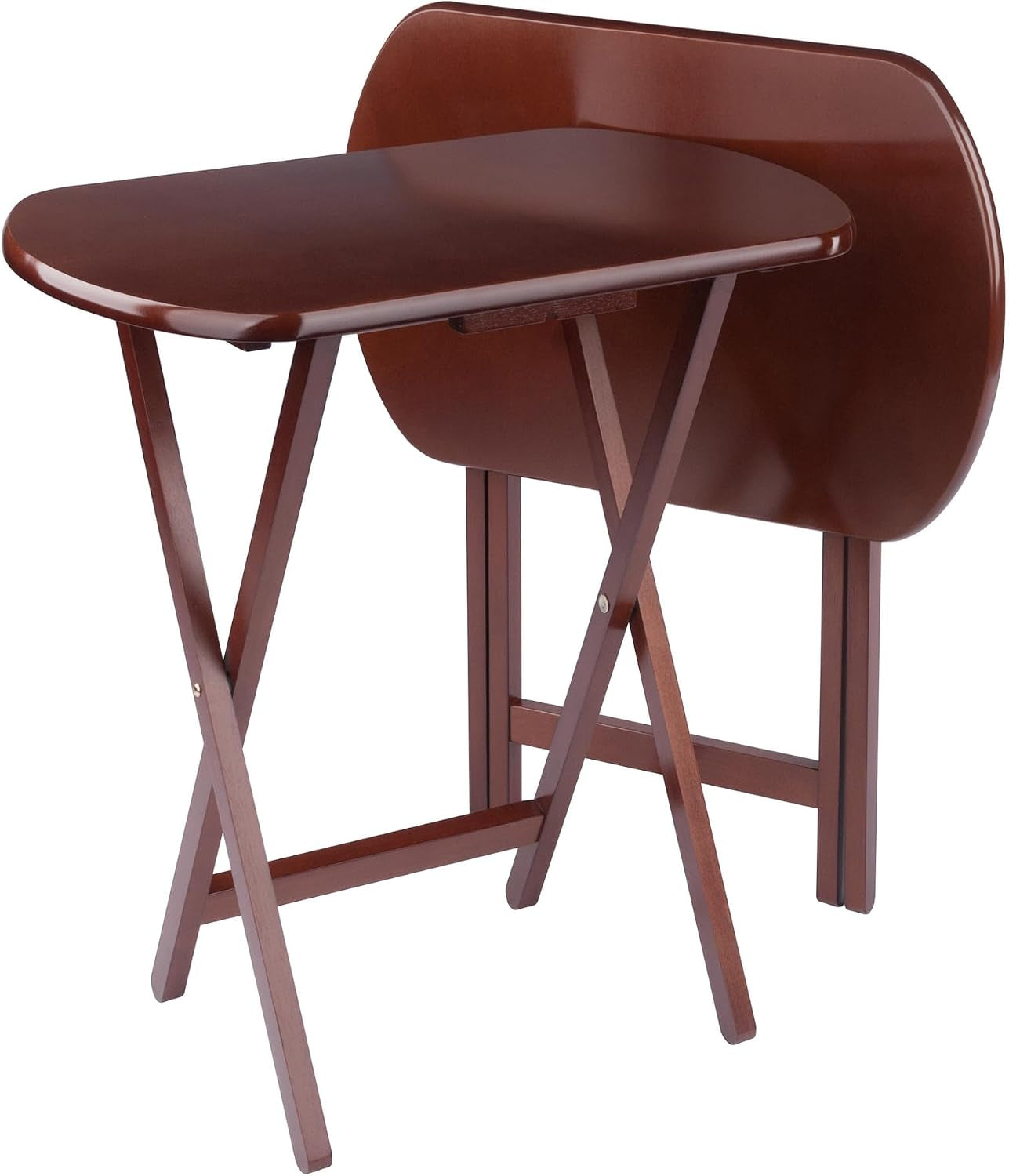 Two brown foldable snack tables, one open and one folded, shown on a white background.
