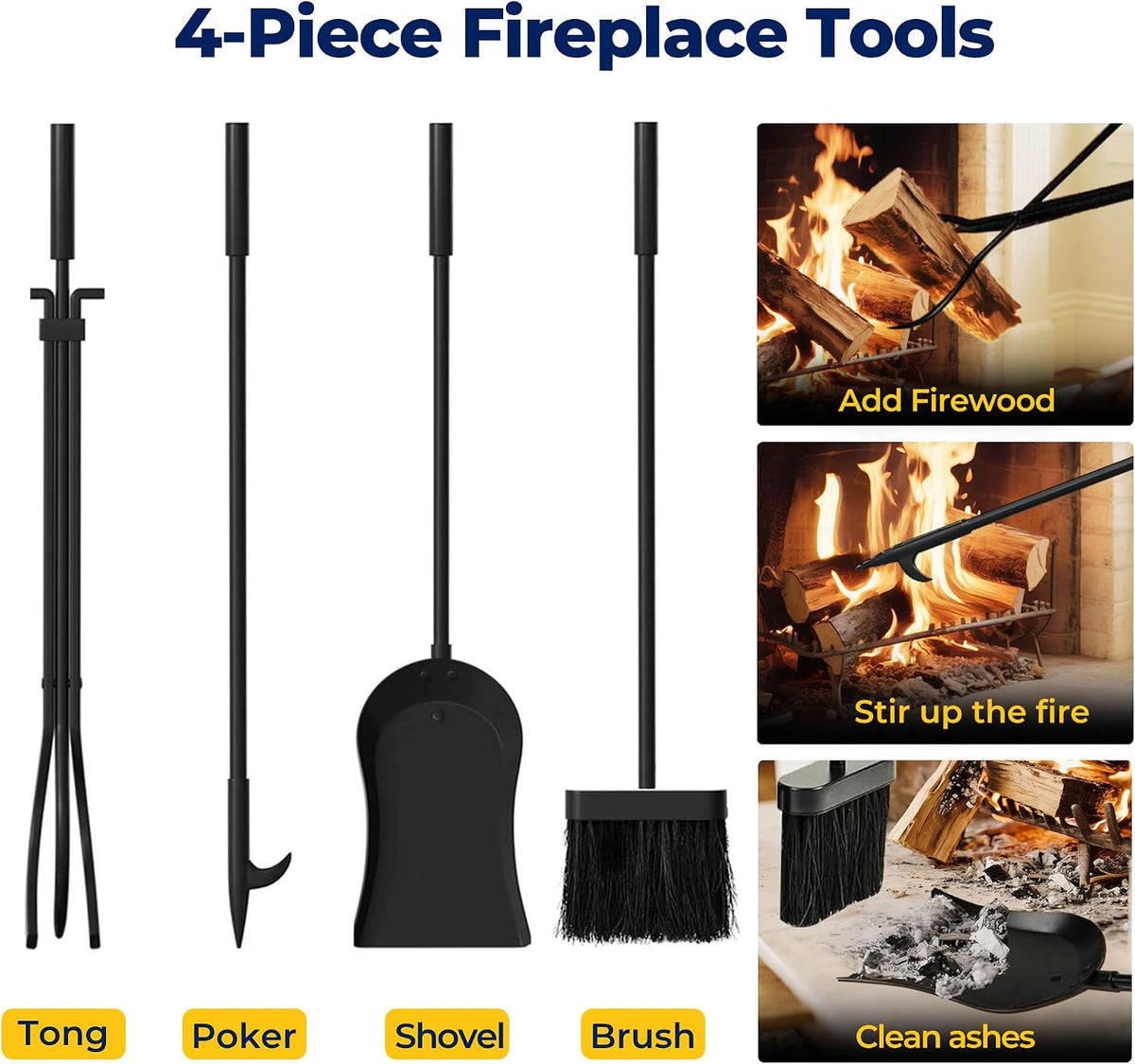 Four-piece black fireplace tool set laid out (tongs, poker, shovel, brush) with small usage inset images